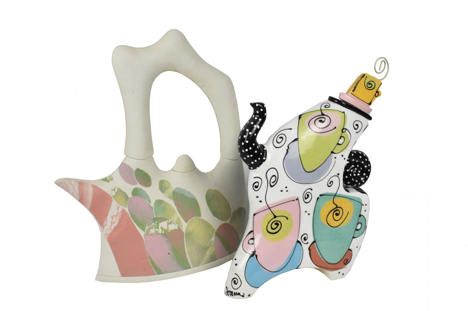 Two Contemporary Art Pottery Whimsical Teapots, both signed, tallest-14 1/2" h. 13" L. (1 of 5)