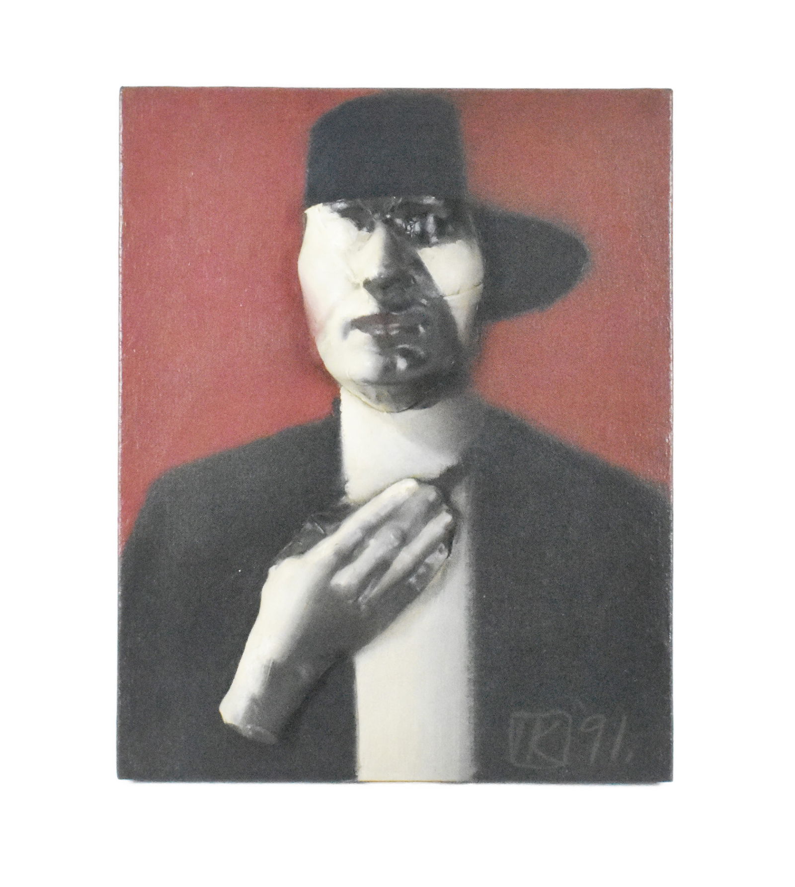 Ivan Kustura (Croatian, b.1951) Man with a Hat, Oil on Canvas with Mixed Media, Monogrammed and: Ivan Kustura (Croatian, b.1951) Man with a Hat, Oil on Canvas with Mixed Media, Monogrammed and dated '91 lower right, 20" x 16' x 4".