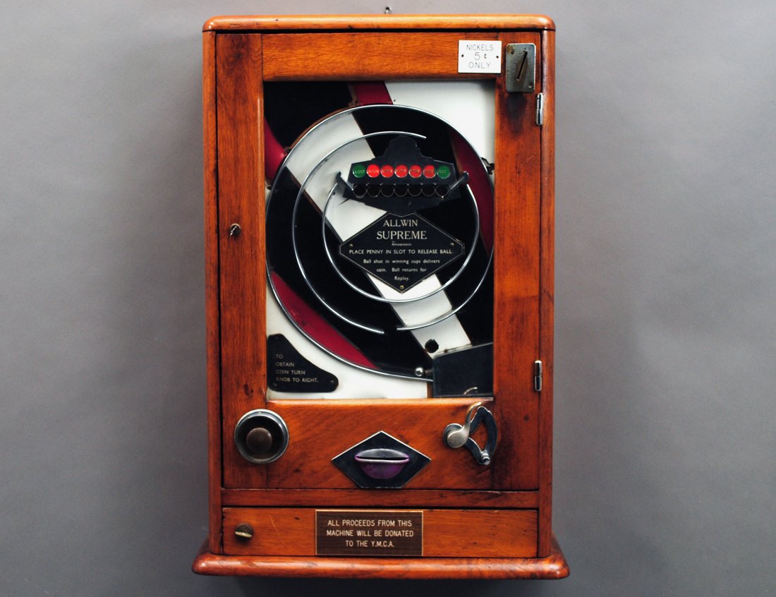 ALLWIN SUPREME NICKLE AND WOOD "PACHINKO" GAME: American. Height 27". (150/200)