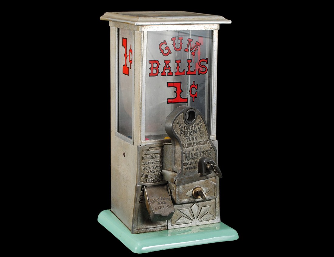 VINTAGE ONE CENT GUMBALL MACHINE: American. By Master. With patent dates. Height 16". (100/150)