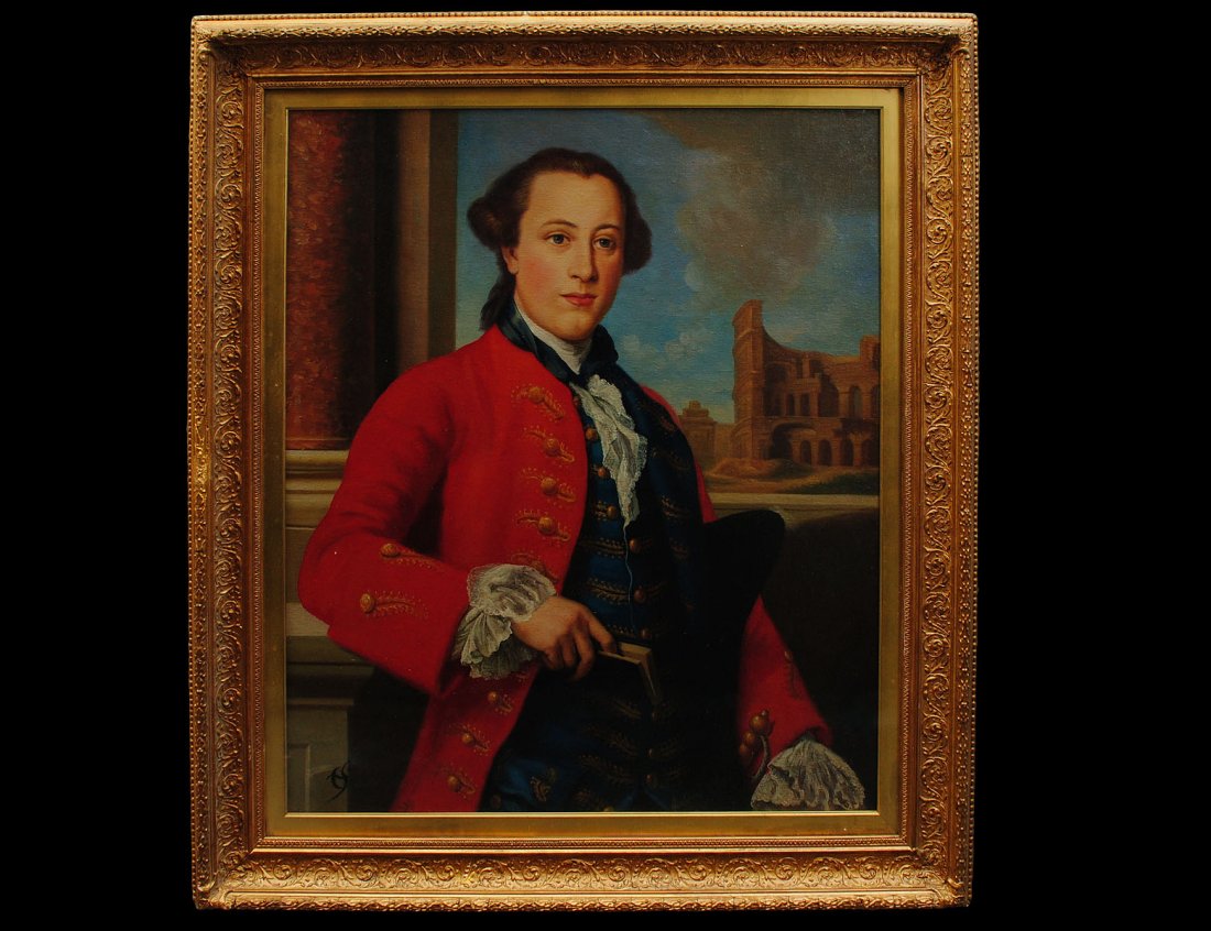 CONTINENTAL SCHOOL (19th Century): "Portrait of an 18th Century Gentleman with Antico Ruins". Monogrammed l/l. Oil on Canvas. measuring 35 1/2" by 29 1/2". Framed behind glass in a period gilded gesso cast exhibition frame. (Cond: good