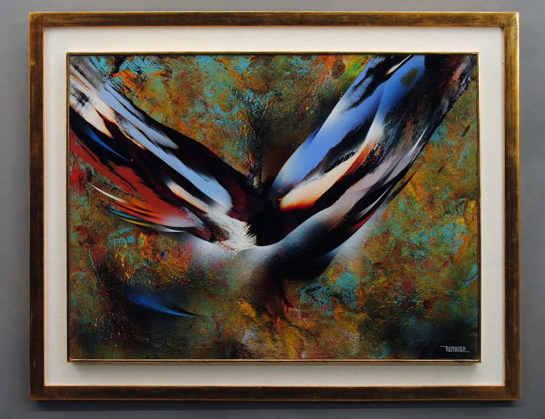 LEONARDO NIERMAN (Mexican/American. Born 1932): "Bird in Flight". Signed l/r. Verso titled. Oil on Masonite. Measuring 23 3/4" by 31 1/2". Gilded frame. (1000/1500)