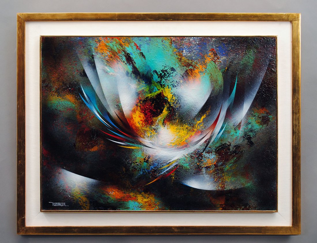 LEONARDO NIERMAN (Mexican/American. Born 1932): "Wind at Spring Time". Signed l/l. Verso titled. Oil on Masonite. Measuring 23 3/4" by 31 1/2". Gilded frame. (Cond: good) (1000/1500)