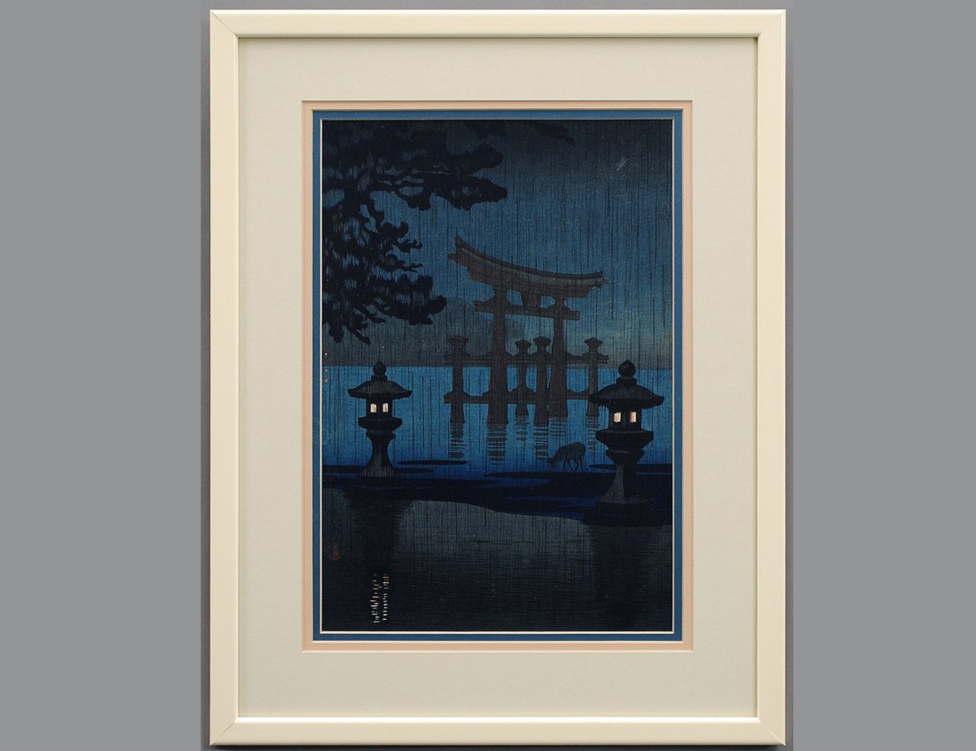 KAWASE HASUI (Japanese. 1883-1957): Circa 1930's. Signed with chop marks and seals. Color Woodcut. Measuring 14 1/2" by 9 3/4". Framed. (Cond: good) (300/400)