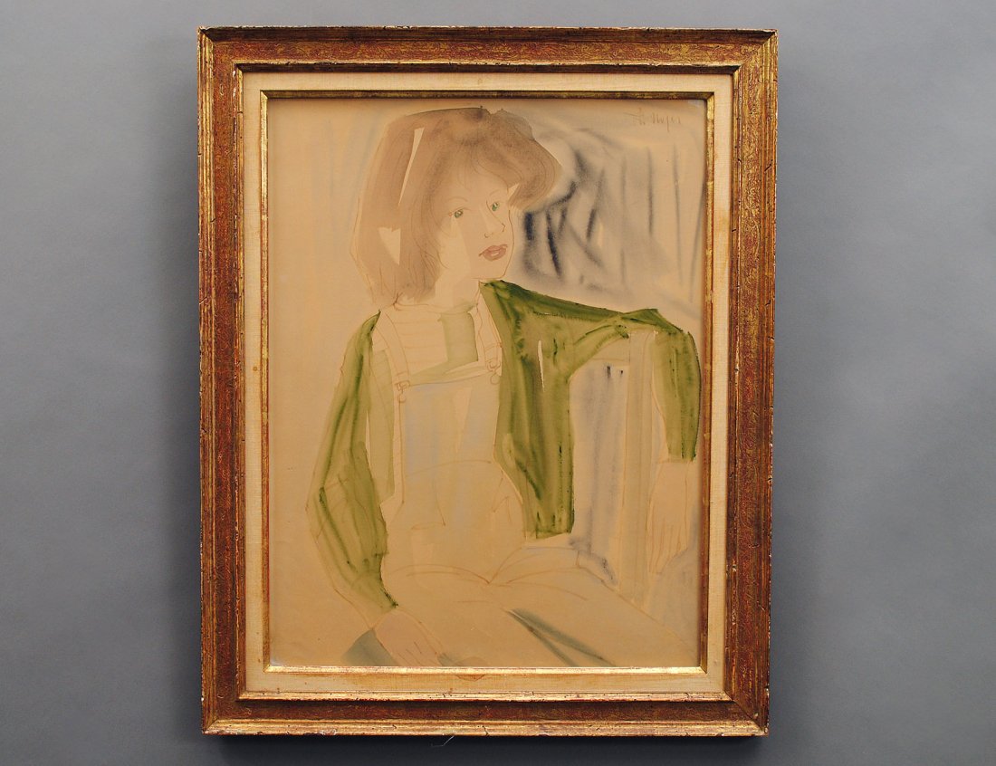 PHILIPPE NOYER (French. 1917-1985): "Seated Girl". Signed Ph. Noyer u/r. Watercolor. Measuring 24 3/4" by 18 3/4". Framed. (Cond: good, buff sheet loose) (300/400)