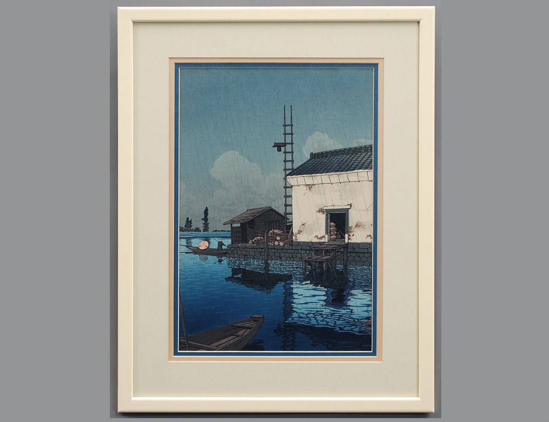 KAWASE HASUI (Japanese. 1883-1957): Circa 1930's. Signed with chop marks and seals. Color Woodcut. Measuring 14 1/2" by 9 3/4". Framed. (Cond: good) (300/400)