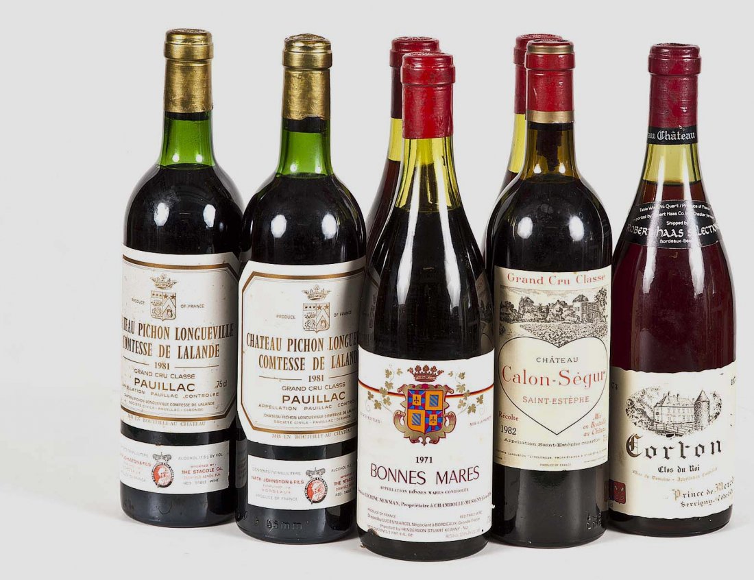 SEVEN BOTTLES OF FRENCH RED WINE: Comprising: three bottles of Bonnes Mares 1971, two bottles of Chateau Pichon Longueville 1981 (Grand Cru Classe), one bottle of Chateau C Alon-Segur 1982 (Grand Cru Classe), and one bottle of Corlon 