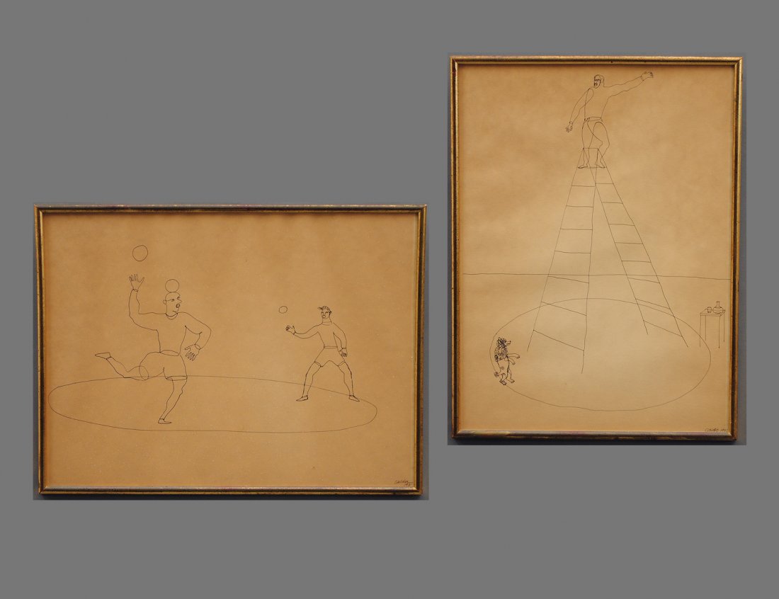 ALEXANDER SANDY CALDER (American. 1898-1976): "Two Jugglers" and "Acrobat and Dog". Each bears printed signature and dated 1931 l/r. From the Circus Drawings Portfolio II, Circa 1964. Two Offset Lithographs. Each sheet measuring 17" by 12". Both 