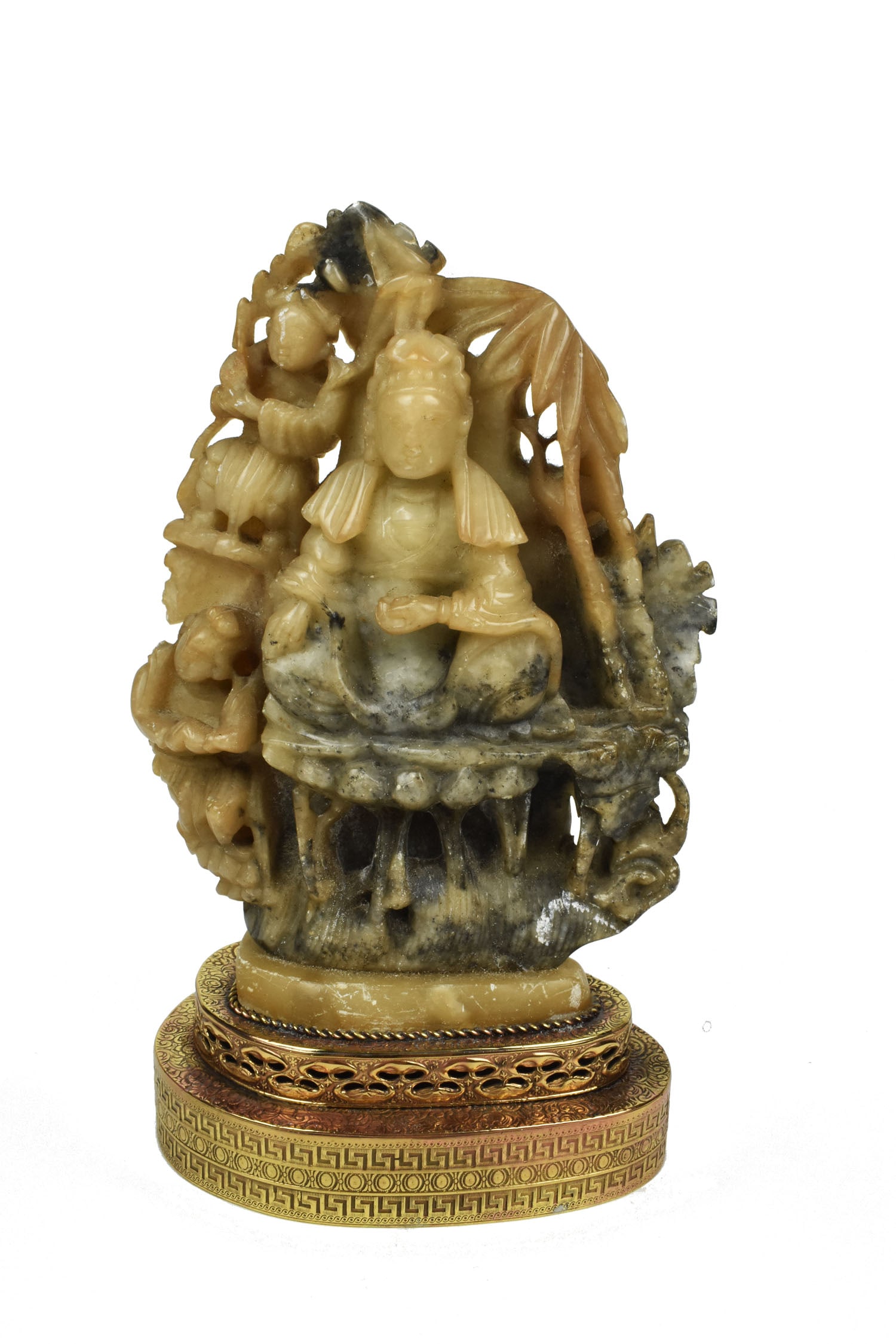 Antique Chinese Mutton Fat Jade Seated Buddha with Child Figure, Mounted to a Lamp Base, has: Antique Chinese Mutton Fat Jade Seated Buddha with Child Figure, Mounted to a Lamp Base, has scratches and nicks, 8 1/2" h. 5 1/2" w. 3 1/2" d.