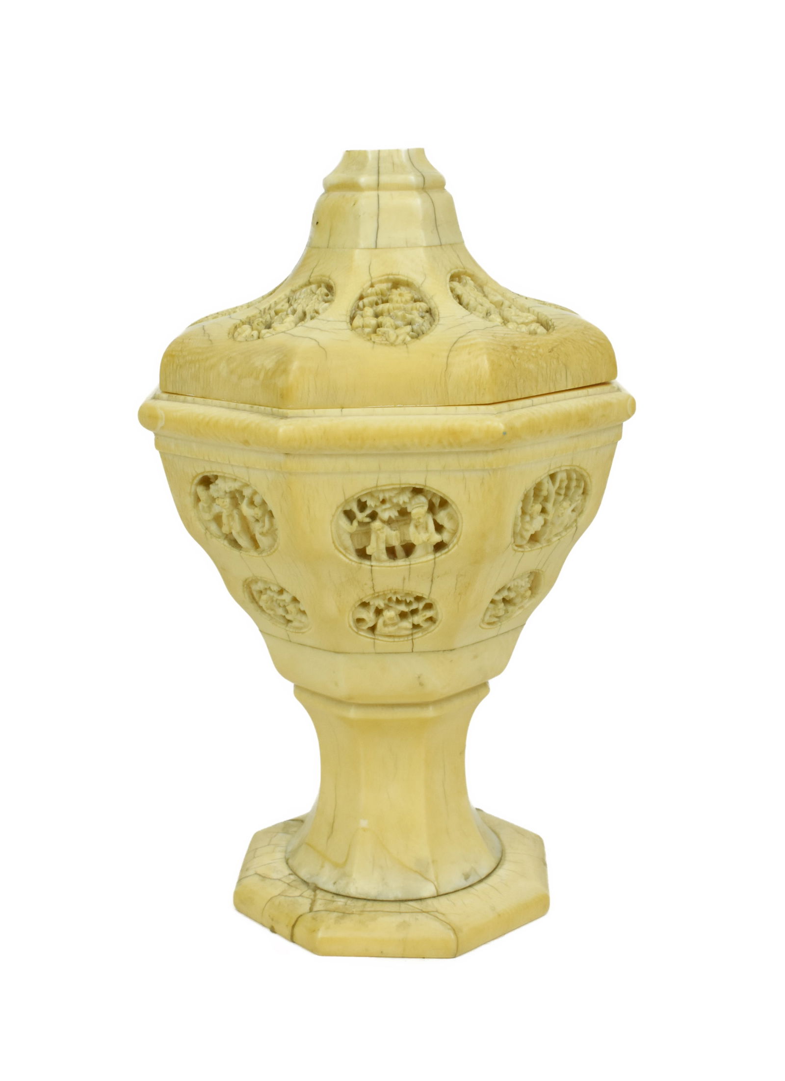 Chinese Carved and Pierced Octagonal Lidded Chalice, has repairs to base, 6 1/2" h., Note: This item: Chinese Carved and Pierced Octagonal Lidded Chalice, has repairs to base, 6 1/2" h. Note: This item must be picked-up from the gallery by a Florida resident or an agent assigned by the buyer within Fl