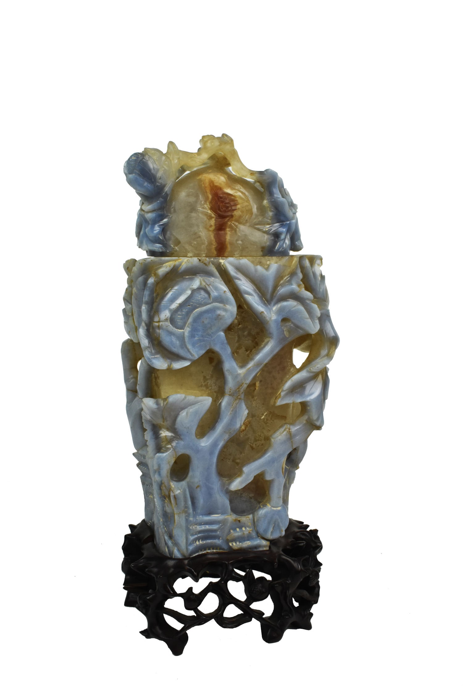 Chinese Carved Agate Stone Covered Vase, the mottled stone with shades of brown to beige to blue (1 of 5)