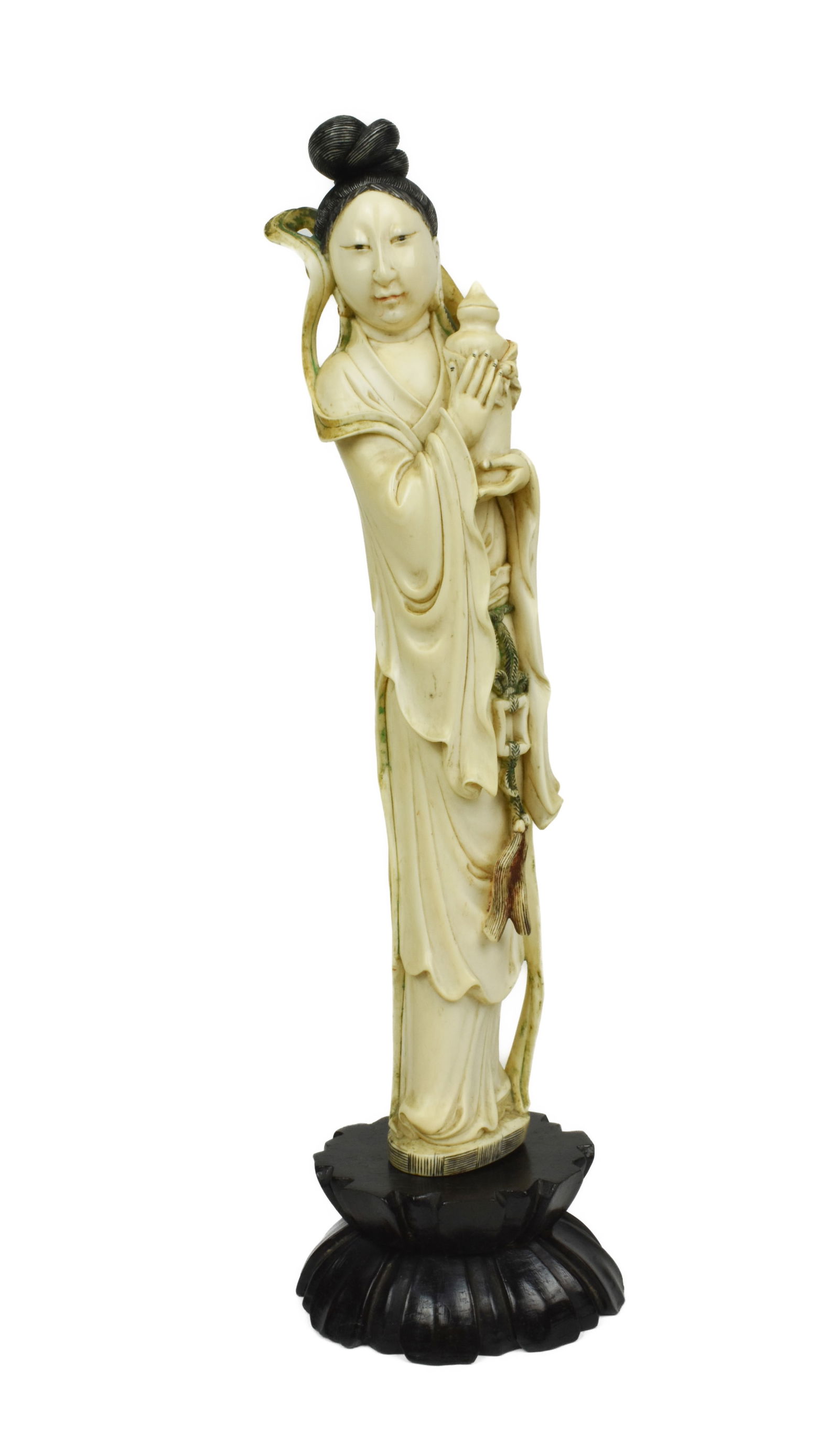 Chinese Carved Standing Figure of Kwan-Yin holding a lidded vessel, bears traces of polychrome (1 of 7)