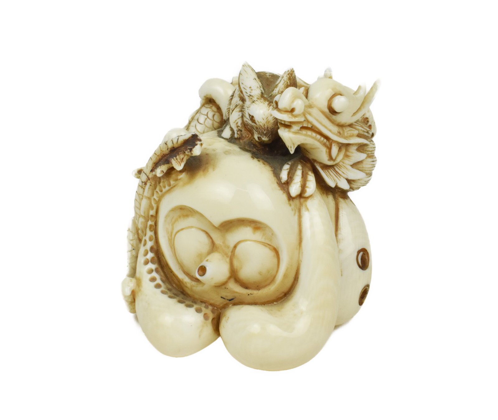 Antique Japanese Dragon, Hare, and Octopus Carved Figural Group, signed with chop mark underside, 2 (1 of 6)