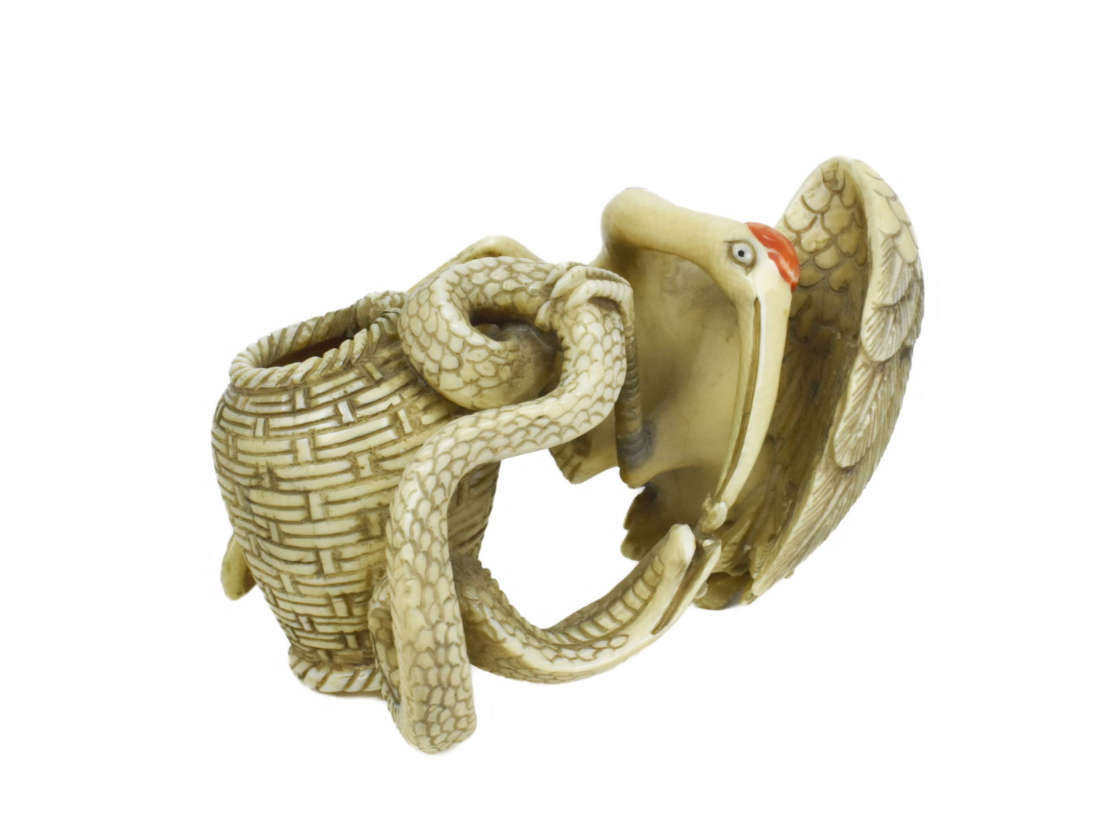 Antique Japanese Carved Figure Group of a Crane and Cobra, signed with chop mark underside, 2" h. 3" (1 of 5)