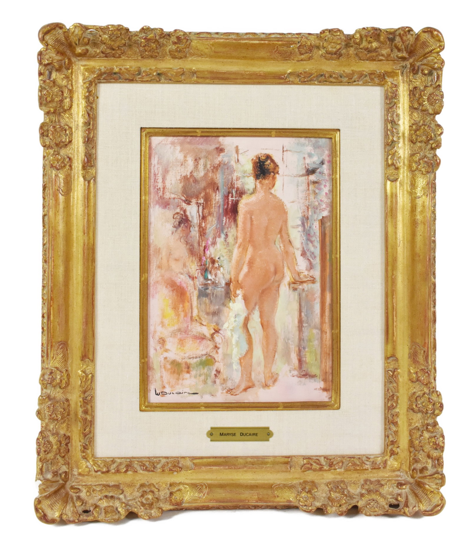 Maryse Ducaire-Rogue (French, 1911-1992) Standing Female Nude, Signed, Oil on Canvas, 10 1/2" x 7: Maryse Ducaire-Rogue (French, 1911-1992) Standing Female Nude, Signed, Oil on Canvas, 10 1/2" x 7 1/4", Framed-18" x 15". Provenance: Wally Findlay Galleries.