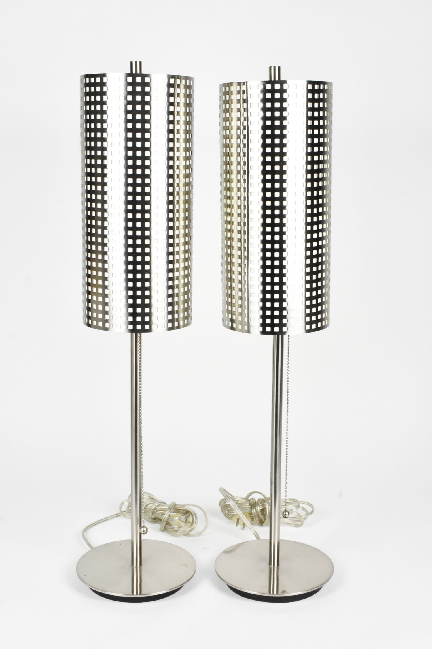 Pair Contemporary Stainless and Chrome Table Lamps, 28 3/4" h. 7" dia. base (1 of 4)