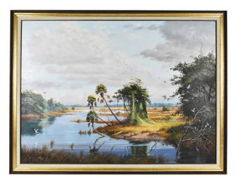 James Frederick Hutchinson (American, b.1932) Everglades Landscape with Alligators, Signed and dated