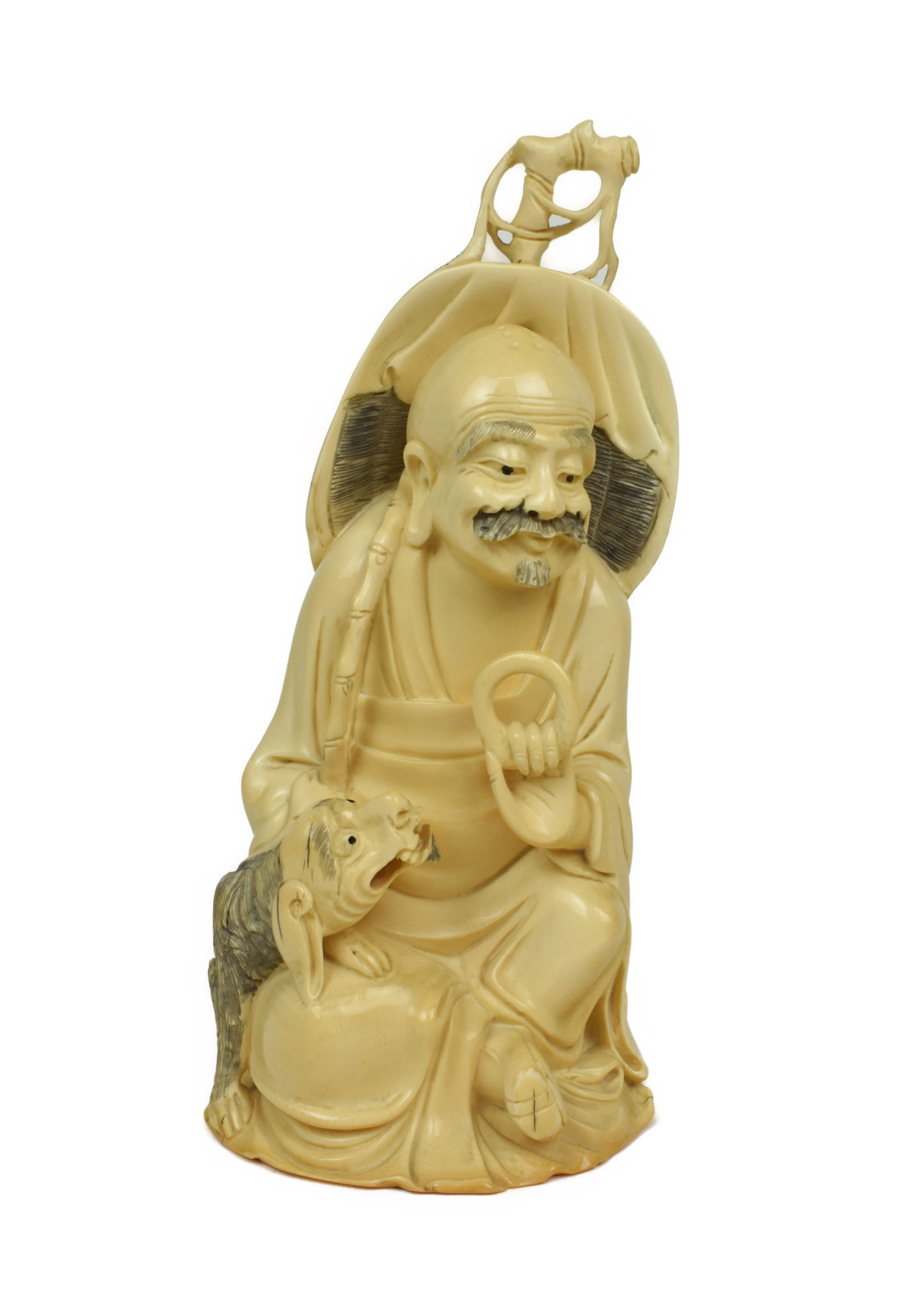 Antique Japanese Carved Figure of a Seated Monk with Shi Shi, signed with chop mark underside, 8" h. (1 of 7)