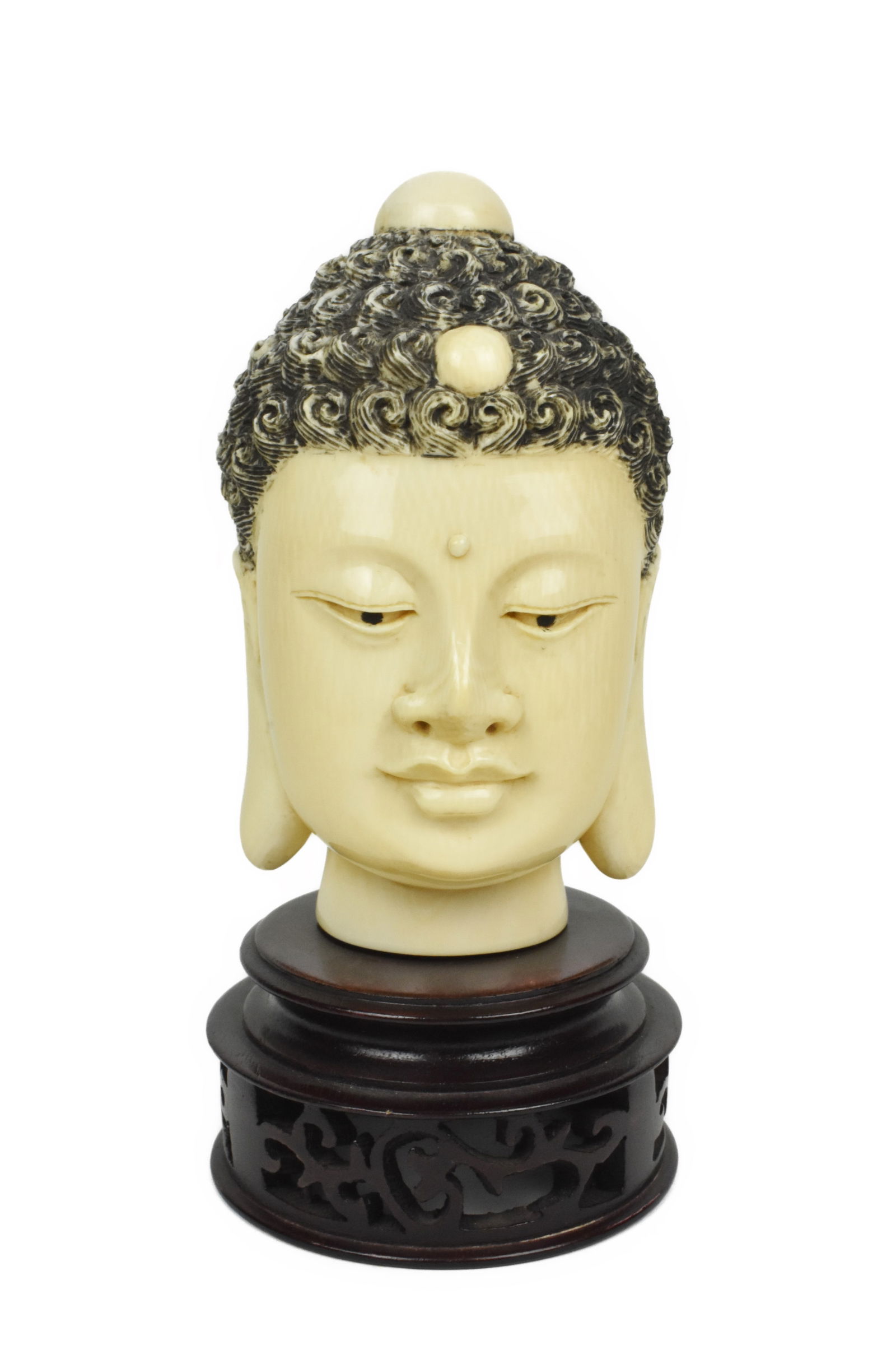 Asian Carved Head of Buddha on wood stand, 4 1/2" h., overall-6" h., Note: This item must be (1 of 5)