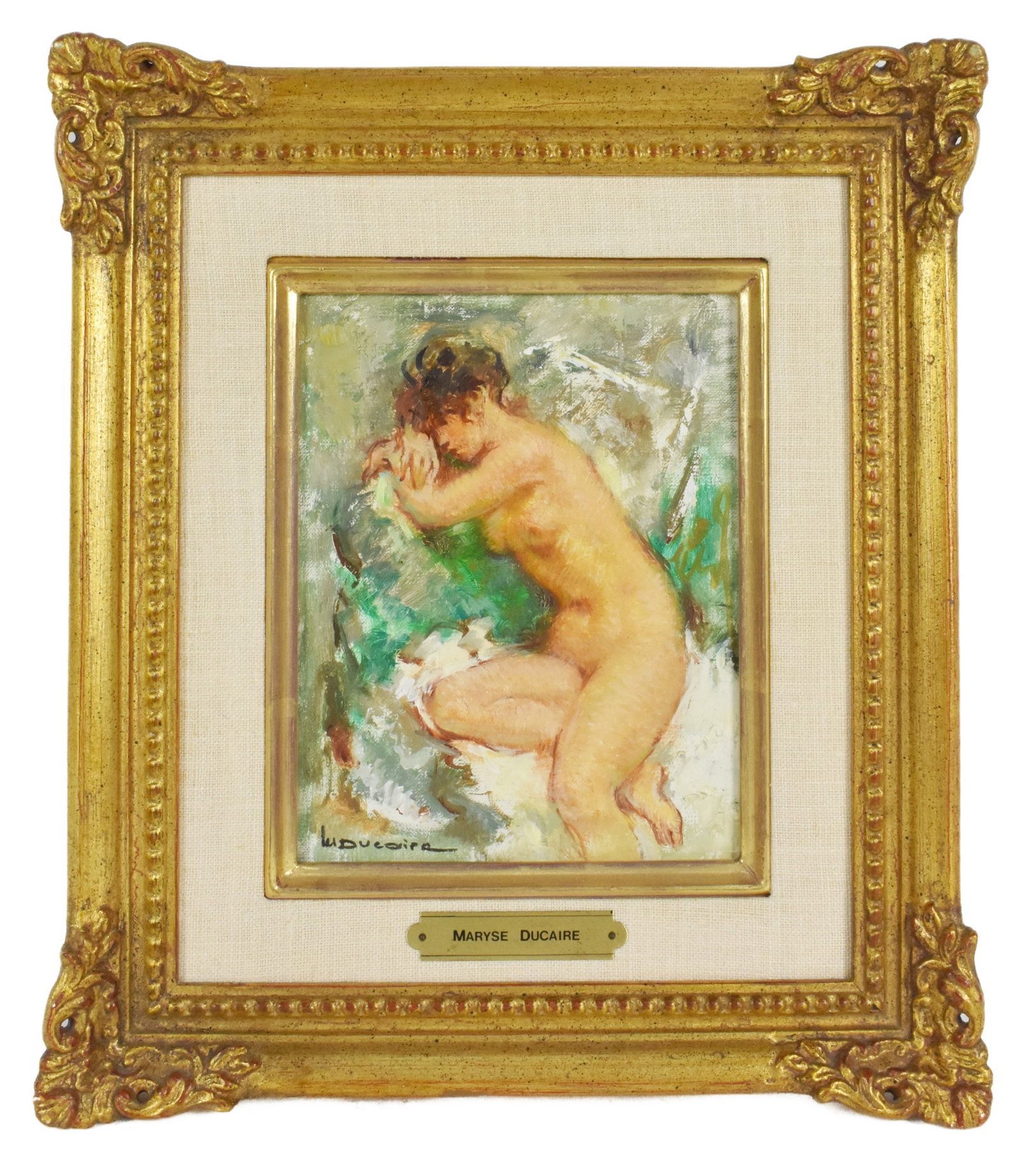Maryse Ducaire-Rogue (French, 1911-1992) Seated Nude Lady, Signed lower left, Oil on Canvas, 8 1/4": Maryse Ducaire-Rogue (French, 1911-1992) Seated Nude Lady, Signed lower left, Oil on Canvas, 8 1/4" x 6 3/4", Framed-12" x 10 3/4". Provenance:Wally Findlay Galleries.