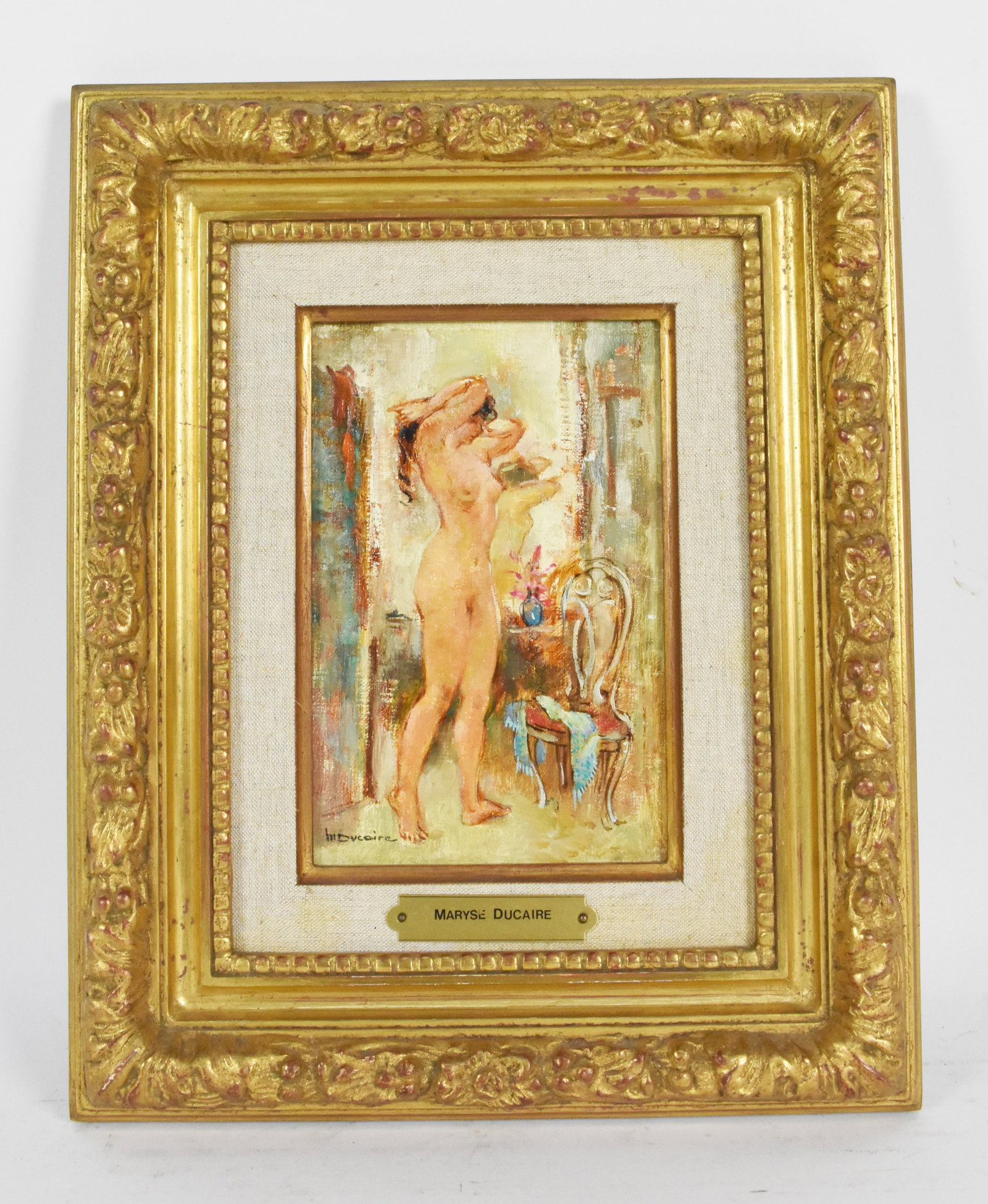 Maryse Ducaire-Rogue (French, 1911-1992) Standing Nude Lady, Signed lower left, Oil on Canvas, 7: Maryse Ducaire-Rogue (French, 1911-1992) Standing Nude Lady, Signed lower left, Oil on Canvas, 7 1/4" x 4 3/4", Framed-12 1/2" x 10 3/4". Provenance: Wally Findlay Galleries.
