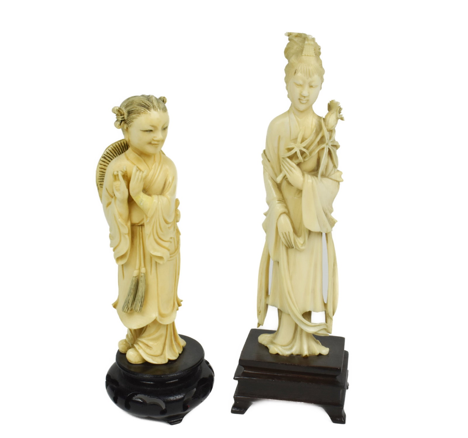 Two Chinese Carved Standing Figures to include Kwan-Yin and Female Figure on wood stands, tallest-7": Two Chinese Carved Standing Figures to include Kwan-Yin and Female Figure on wood stands, tallest-7" h. Note: This item must be picked-up from the gallery by a Florida resident or an agent assigned by