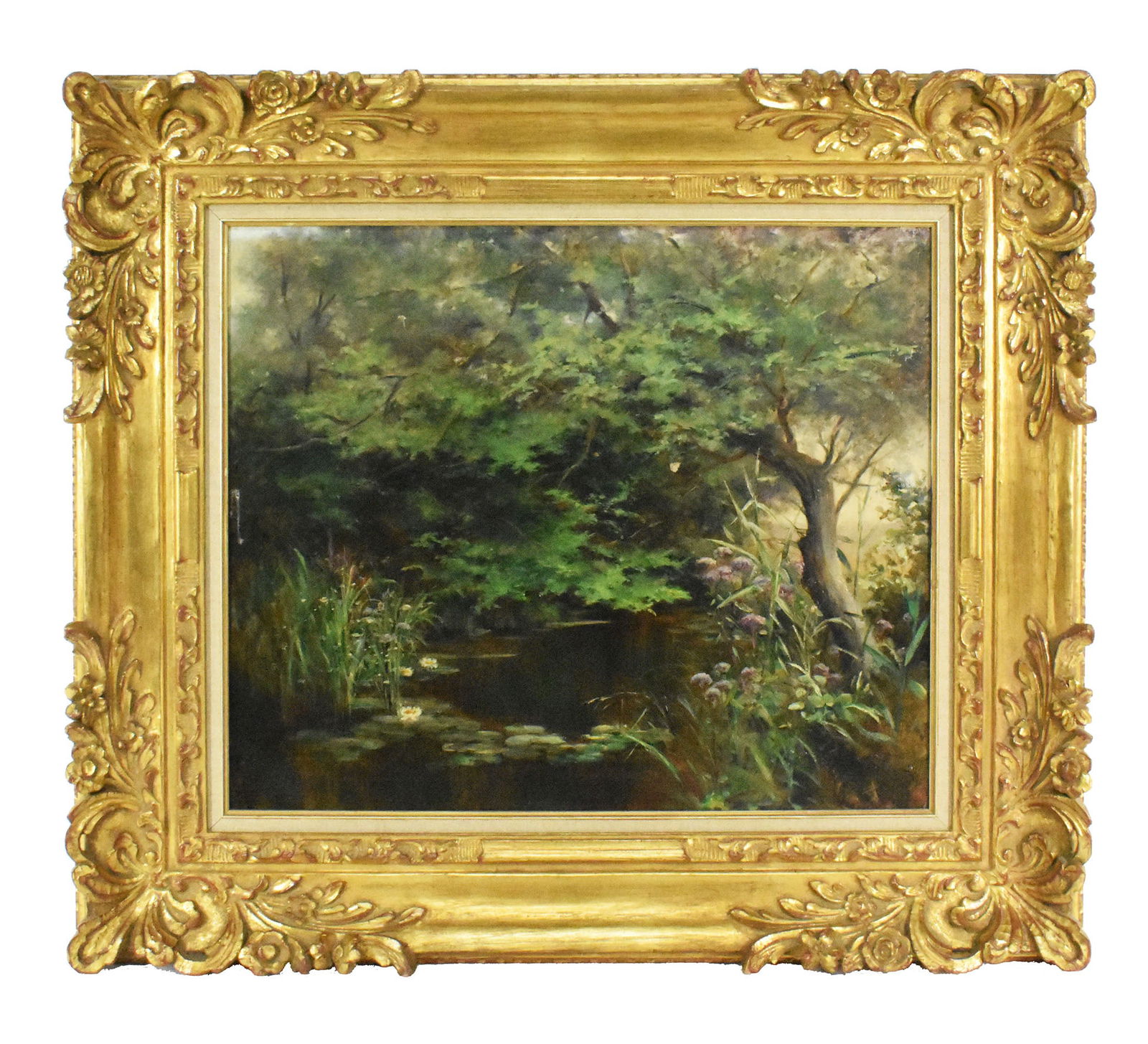 French School (Late 19th Century), Pond Landscape, Unsigned, Oil on Canvas, 18" x 21 1/2" Framed-26 (1 of 8)