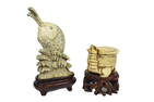 Two Carved Figures, one of a Carp and the other a Lidded Turtle Form Box, both on wood stands,