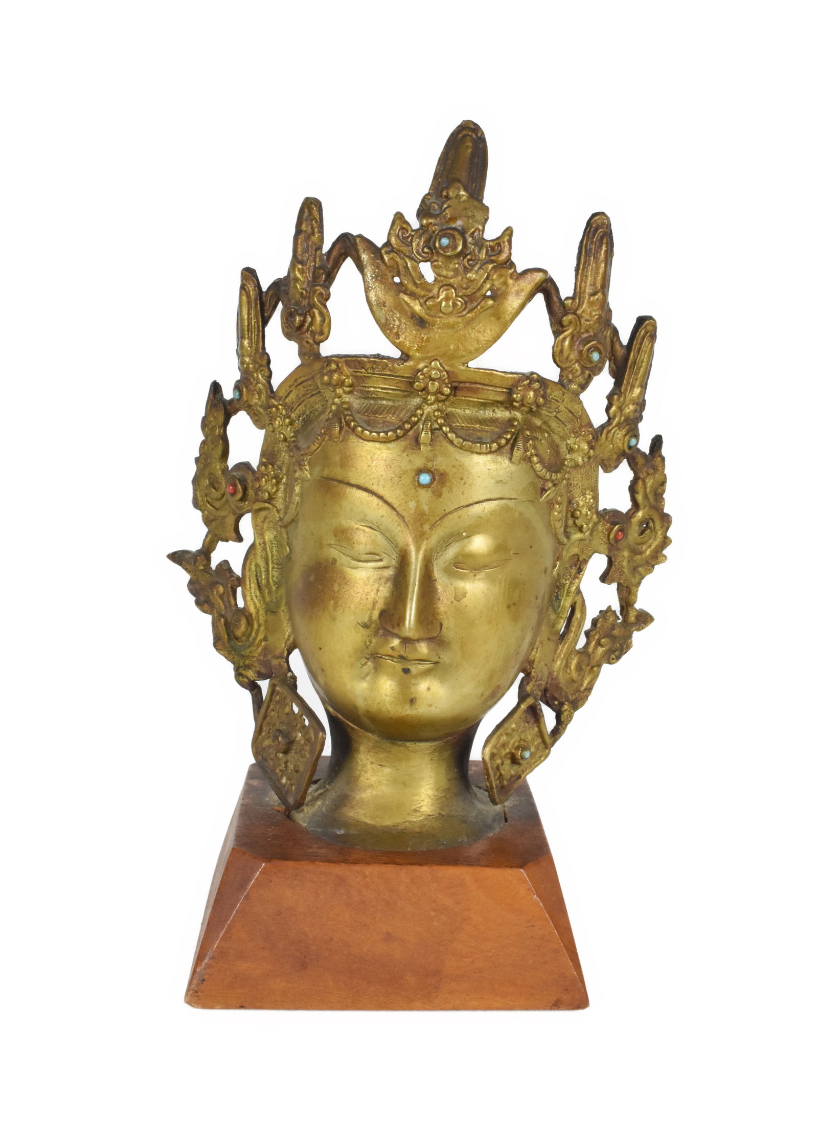Nepalese Tibetan Jeweled Bronze Head of a Bodhisattva, 18th/19th Century, 9 1/2" h. 7" w., mounted (1 of 6)
