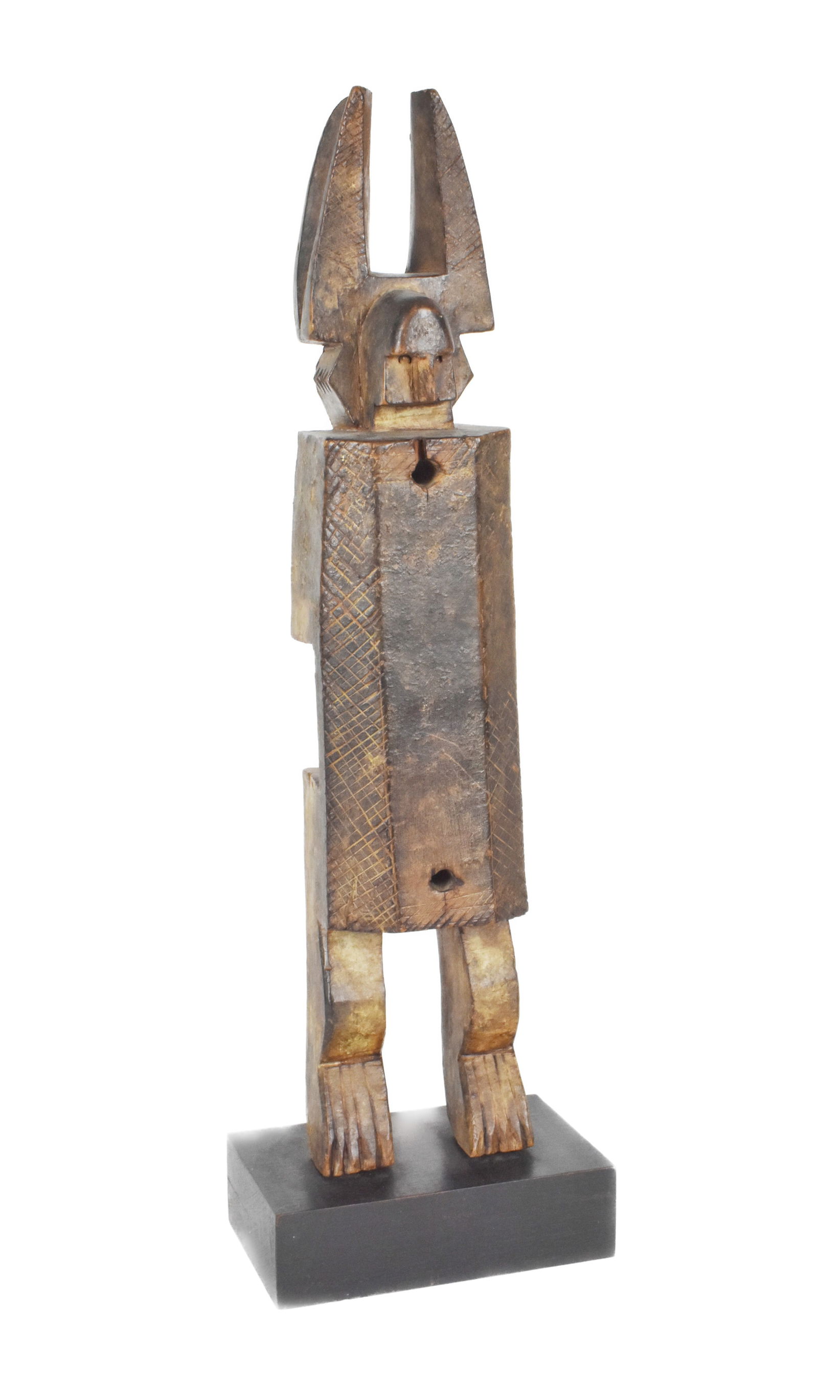 Antique African Bamana Carved Wood Door Lock, Mali, 17 3/4" h. 3 1/2" w. mounted to a wood stand, (1 of 5)