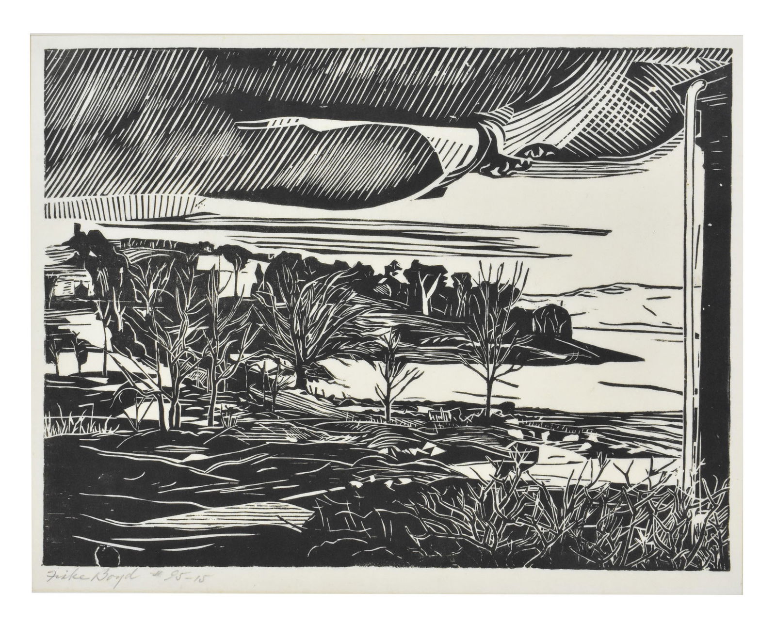Fiske Boyd (American, 1895-1975) Untitled, Signed in pencil lower right margin, Woodcut, Image-8: Fiske Boyd (American, 1895-1975) Untitled, Signed in pencil lower right margin, Woodcut, Image-8 1/2" x 11 1/8", with margins, Sheet-10 3/4" x 14 1/8", matted, unframed.