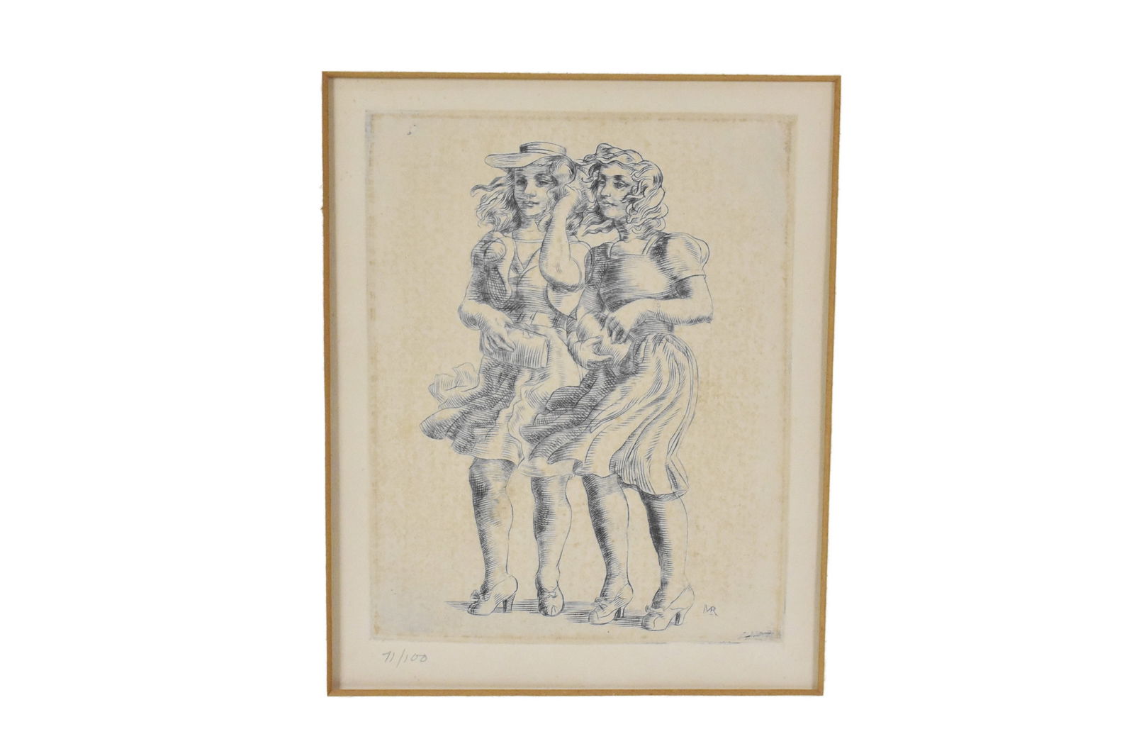 Reginald Marsh (American, 1898-1954) Two Women, monogrammed lower right in the plate, etching on: Reginald Marsh (American, 1898-1954) Two Women, monogrammed lower right in the plate, etching on paper, Image-5" x 4", with margins, Sheet-11 /4" x 10 1/4", Framed-13 1/2" x 12 1/4". Note: Paper has s