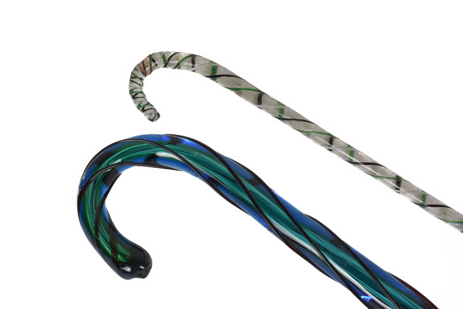 Two Vintage Glass Canes, one probably Murano with blue and green glass swirls, one has a chip: Two Vintage Glass Canes, one probably Murano with blue and green glass swirls, one has a chip