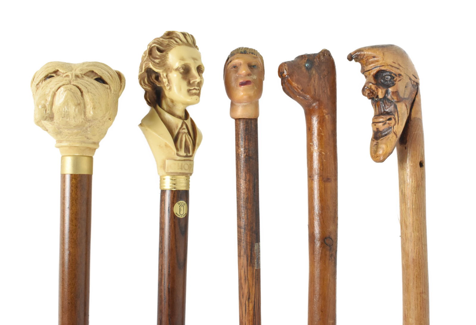 Group of Five Vintage Novelty Canes/Walking Sticks made of wood and composition. (1 of 4)