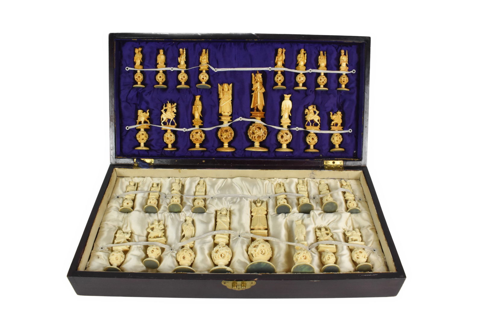 Vintage Chinese Carved Chess Set in Box, each piece on a magic ball stand, chessboard carrying box, (1 of 5)