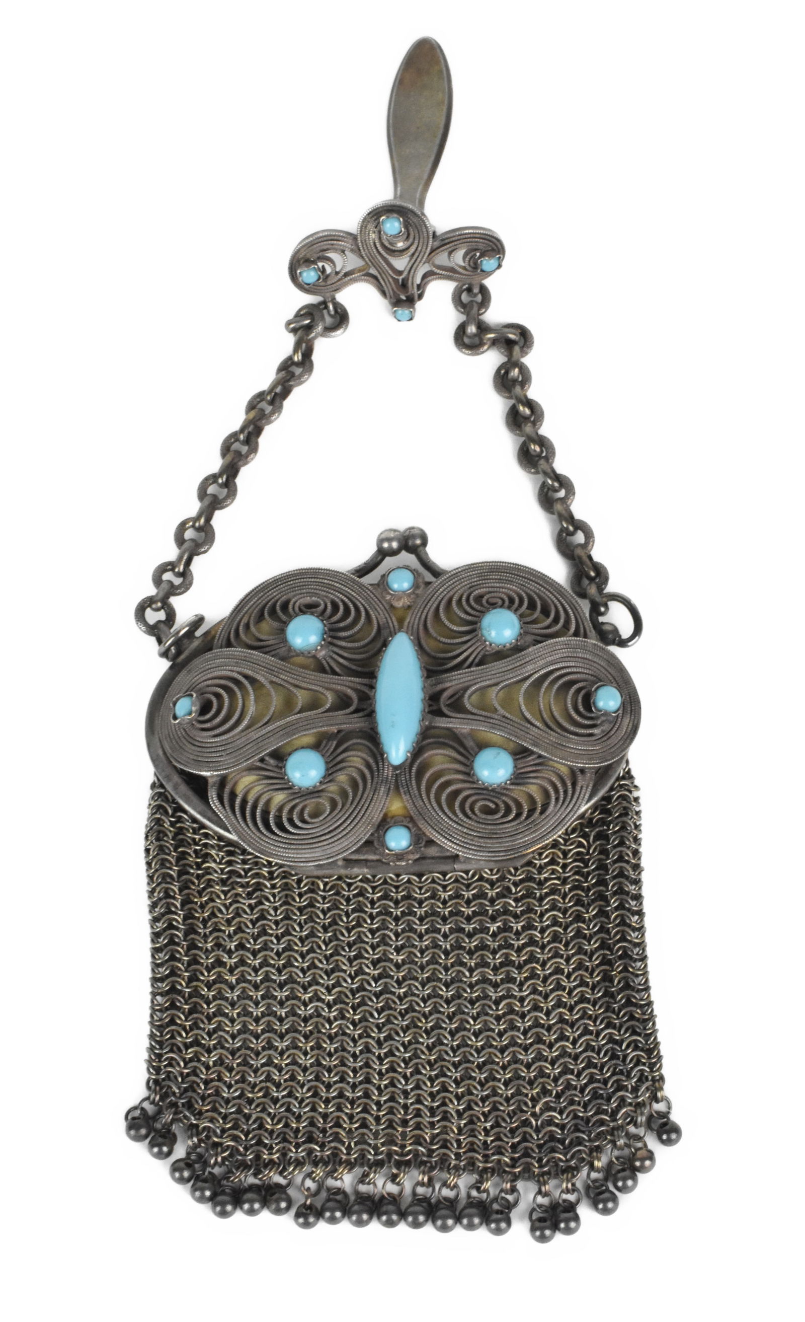 Antique European Silver Tone and Turquoise Mounted Chatelaine Mesh Ladies Purse, 4" x 3". (1 of 8)