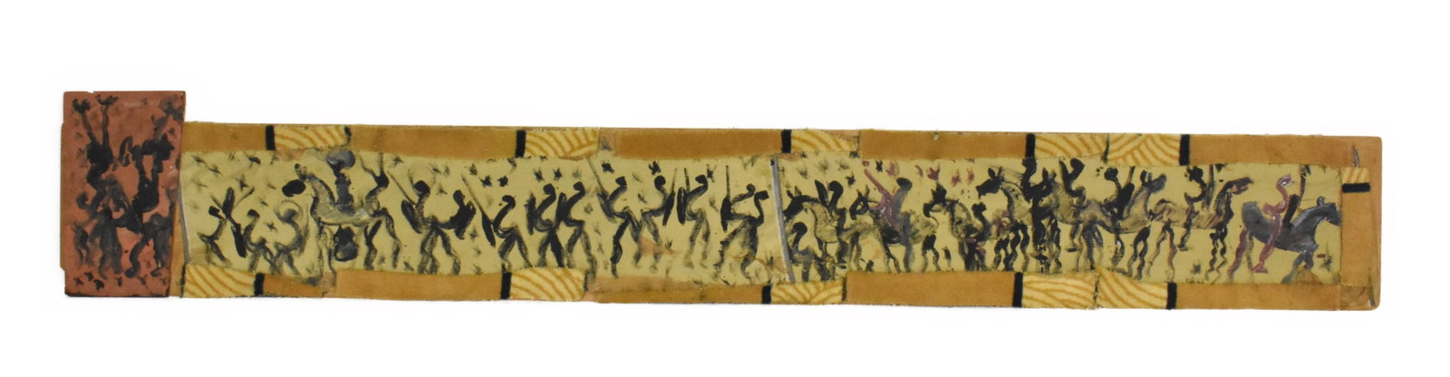 Purvis Young (American/Florida, 1943-2010) Battle for Heaven, mixed media on found board, 15" x 96: Purvis Young (American/Florida, 1943-2010) Battle for Heaven, mixed media on found board, 15" x 96 1/2".