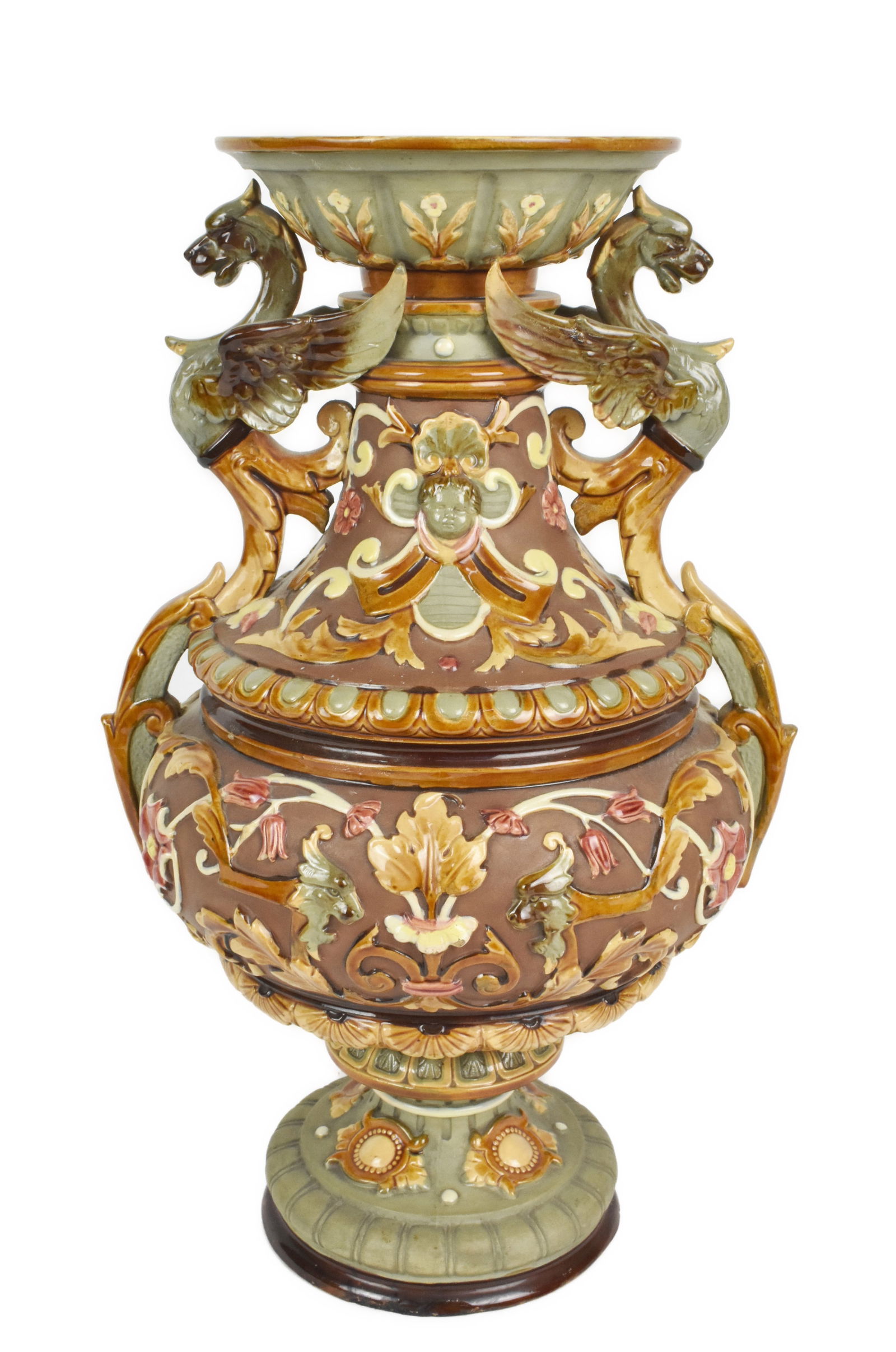 Antique Wilhelm Schiller Bohemian Majolica Glazed Griffin Handled Vase, marked WS&S underside with (1 of 5)