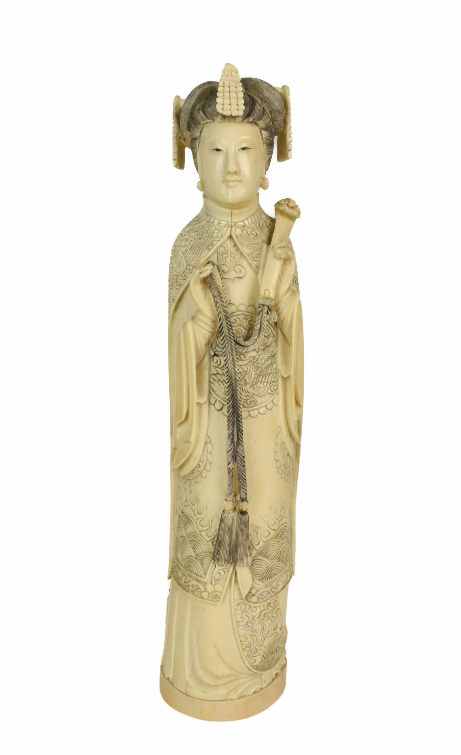 Antique Chinese Carved Figure of a Court Lady Holding a Ruyi Scepter, signed on bottom,11 3/4" h. , (1 of 9)