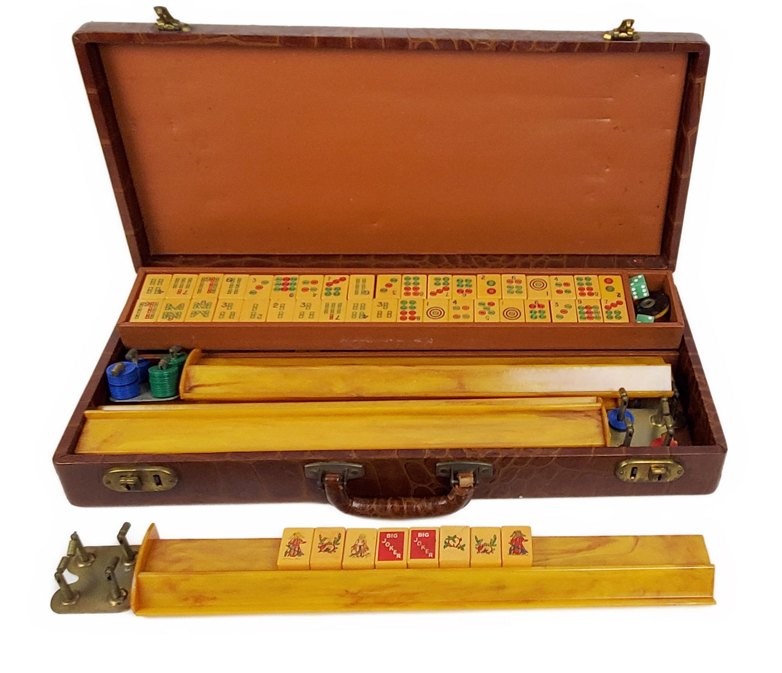 Vintage Mah-Jong Set with Bakelite Tiles, all in an alligator leather carrying case with stands, (1 of 3)