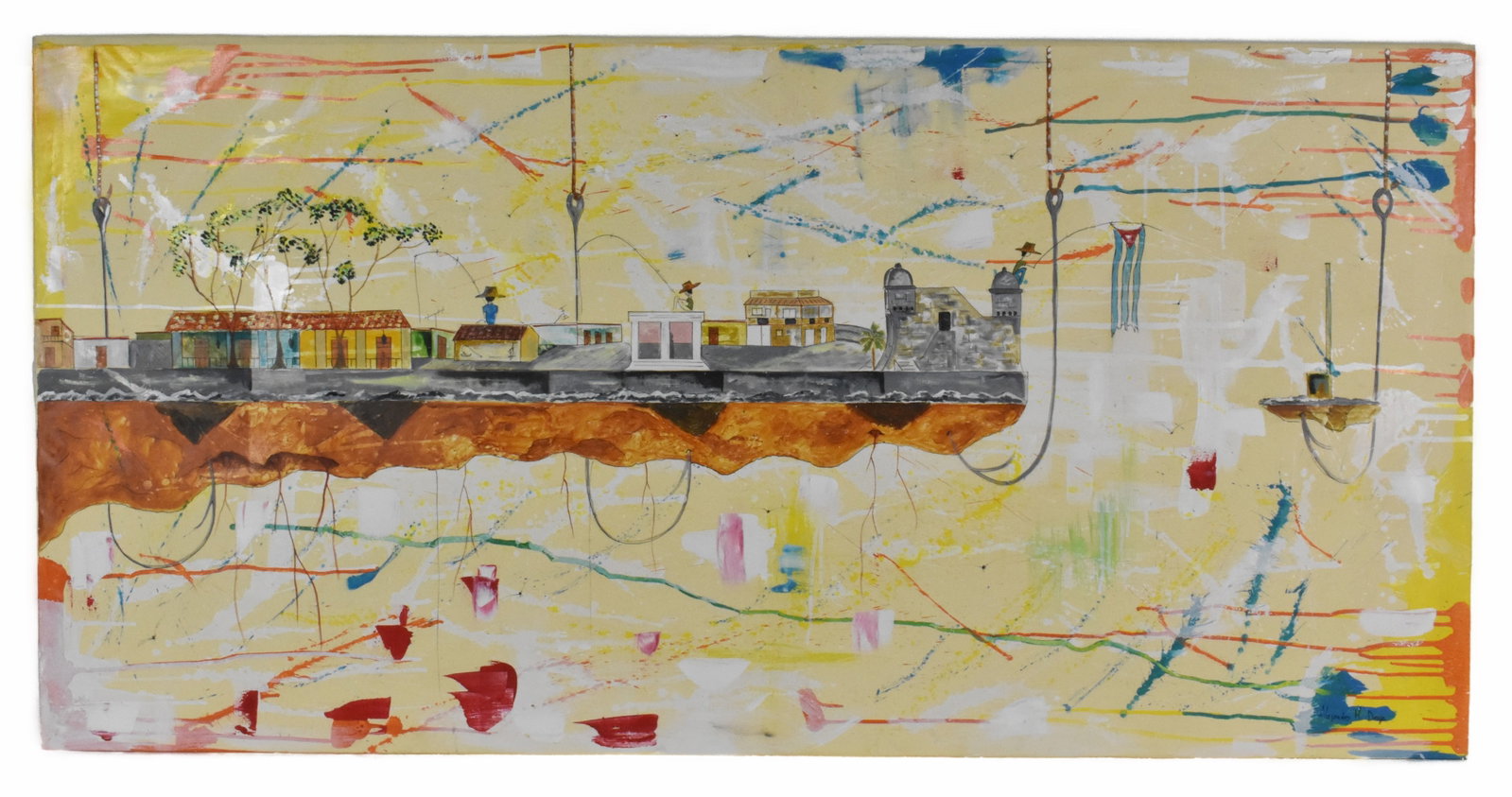 Cuban School (20th Century) EL Morro, signed Alejandro Martinez Drago on back, mixed media on: Cuban School (20th Century) EL Morro, signed Alejandro Martinez Drago on back, mixed media on canvas, 30 1/4" x 67", unframed.