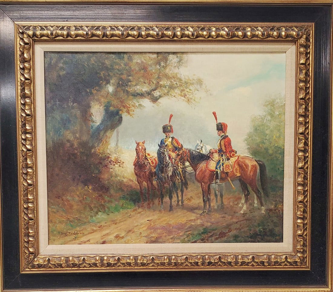 Eugene Peschaubes (French, 1890-1967) French Soldiers on Horseback, Oil on Canvas, Signed lower (1 of 4)