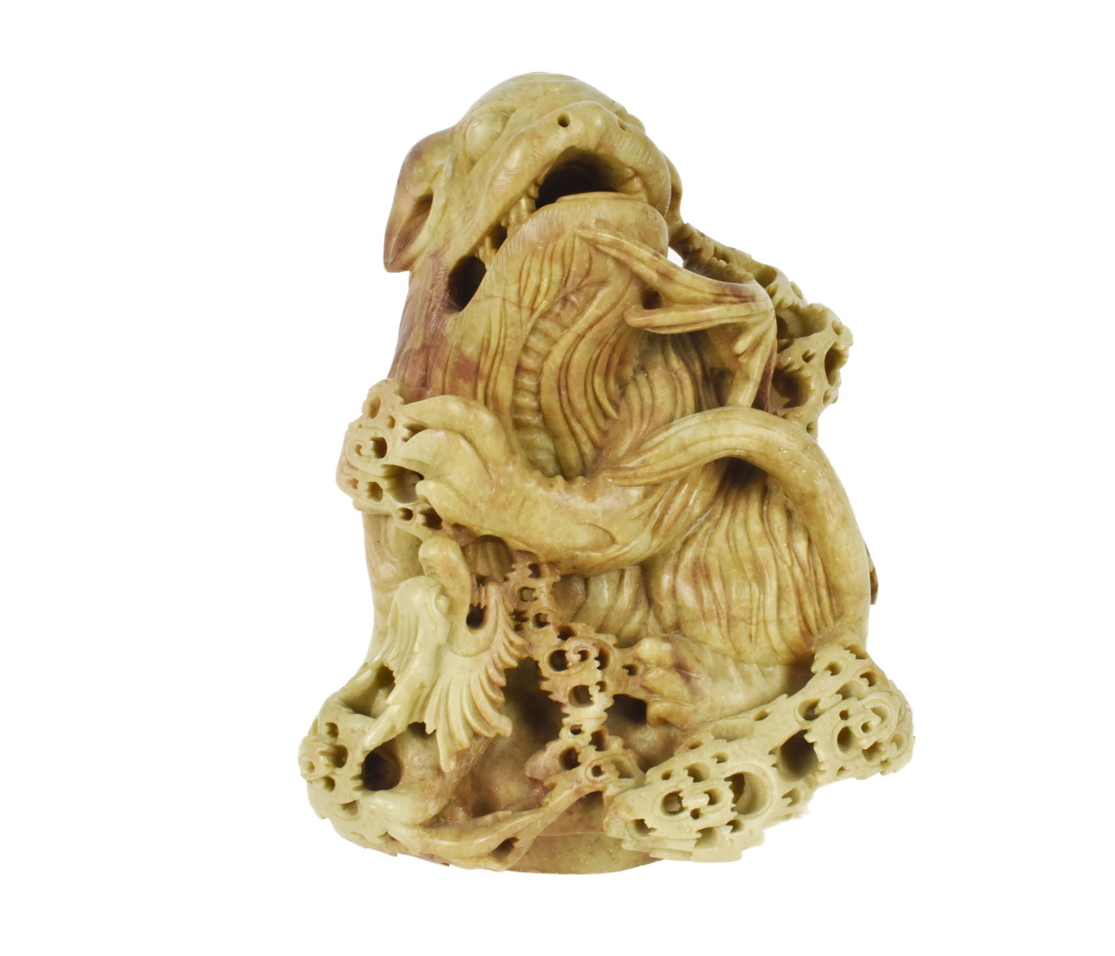 A Chinese Mottled Stone Carving of a Shi Shi Dog/Mythical Beast, 20th Century, 8" h. 8" w.5"d. (1 of 3)