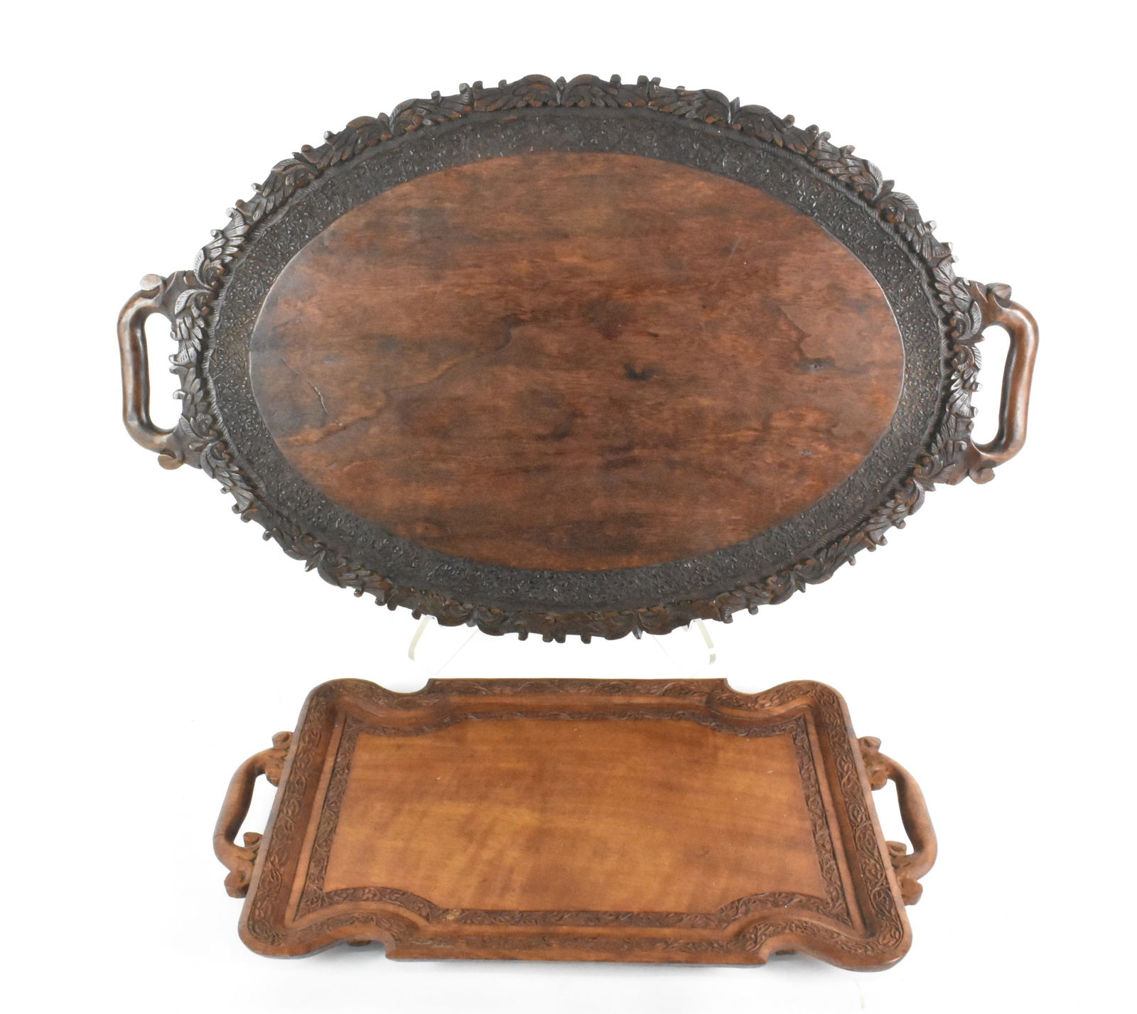 Two Southeast Asian Wood Carved Handled Trays, 20th Century, 26" L. and 17 1/2" L. (1 of 7)