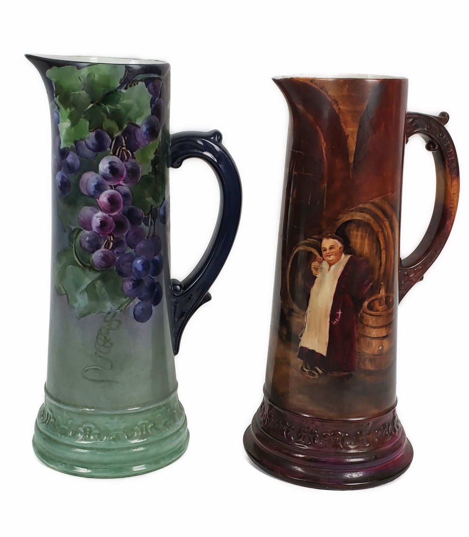 Two Antique Tall Painted Porcelain Pitchers, the grape painted pitcher with the Limoges mark and the (1 of 5)