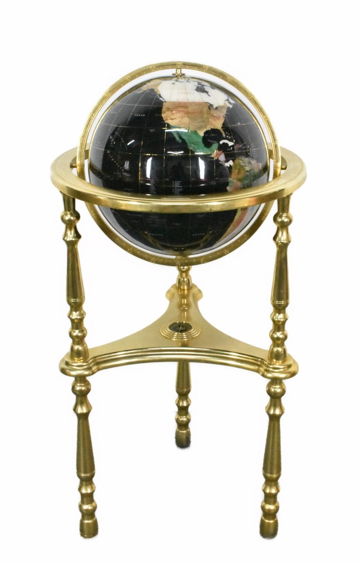 Contemporary Brass and Polished Mineral Stone Globe on Stand: Contemporary Brass and Polished Mineral Stone Globe on Stand, 38" h.
