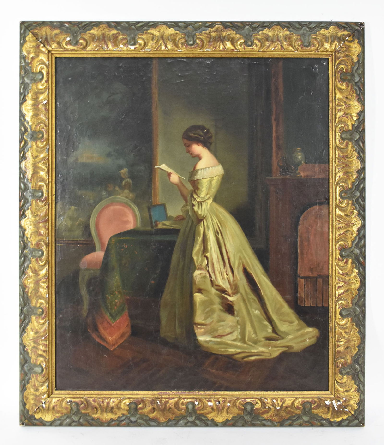 Late 19th Century Oil on Canvas Painting, Interior with Lady Reading a Letter, no visible signature,: Late 19th Century Oil on Canvas Painting, Interior with Lady Reading a Letter, no visible signature, laid down to masonite, 25 1/2" x 21 1/4", carved gesso cast and gilded frame, Overall-30 3/4" x 26