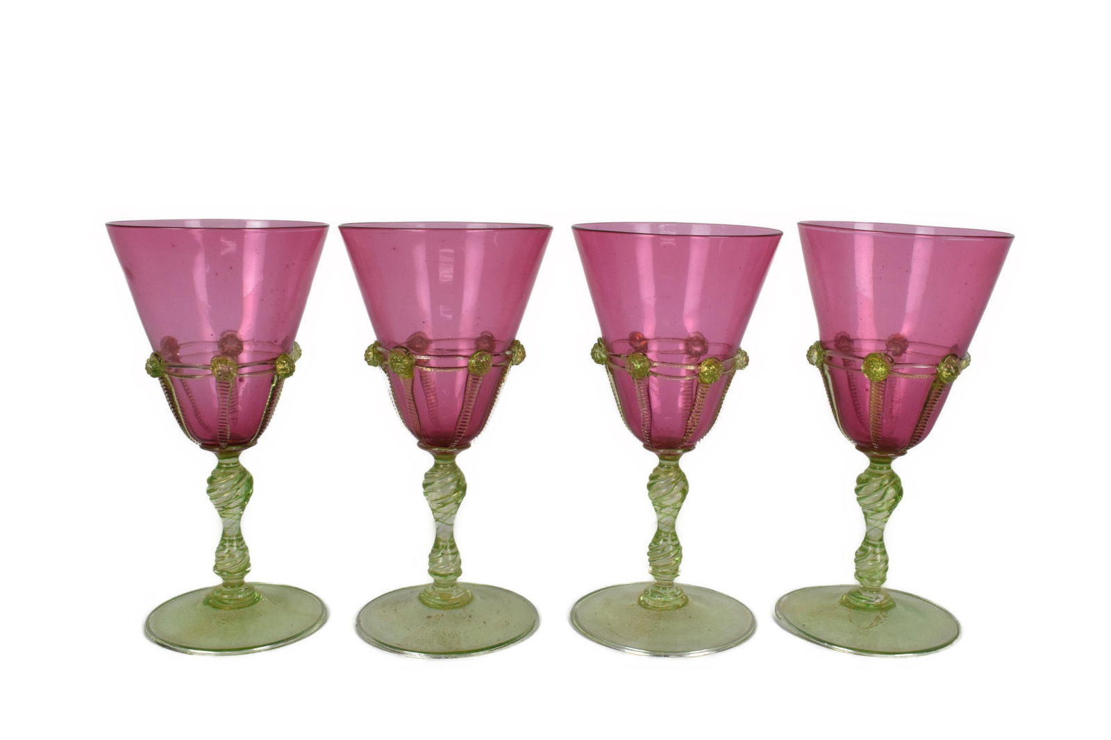 Four Antique Venetian Pink and Green Hand Blown Goblets, 7 1/4" h. (1 of 5)