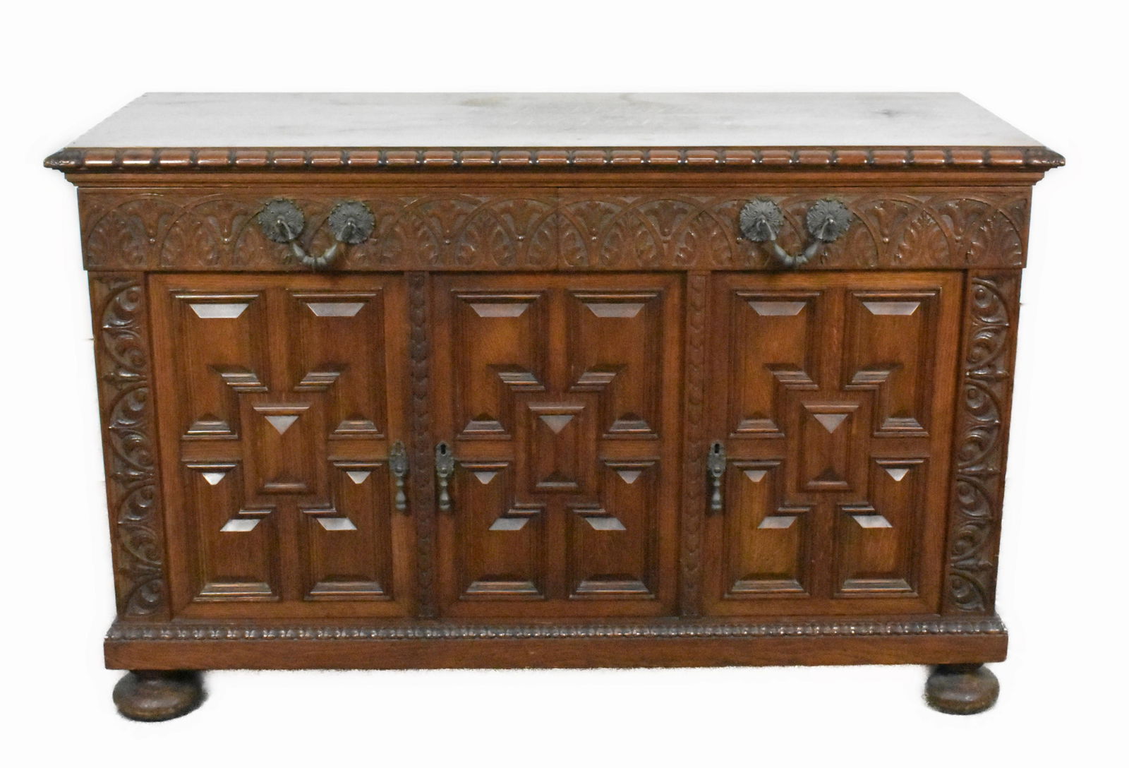 Antique Carved Oak Credenza with two short drawers over three doors with wood shelf, 40 1/4" h. 59 (1 of 6)