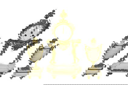 Antique Three Piece French Louis XVI Style Bronze and White Marble Clock Set, Drum case supported by (1 of 4)